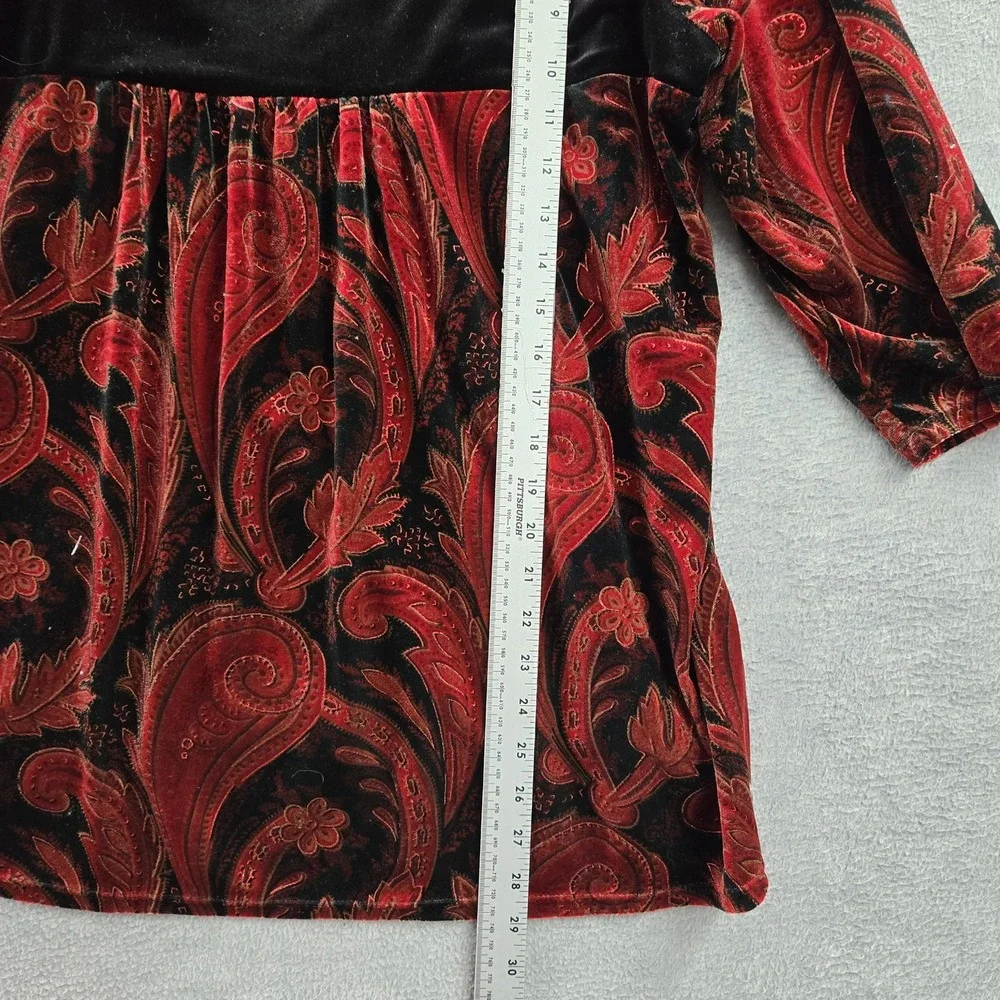 Notations‎ Women Blouse 3X Red Paisley Velvet Square Neck Pullover